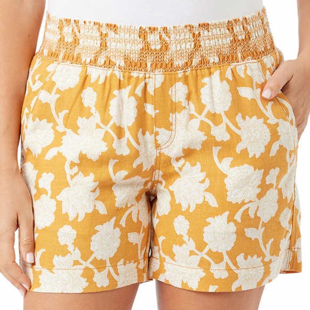 BRIGGS Ladies Linen Blend Shorts Womens Size M Orange Cream Flowers‎ Floral NWT